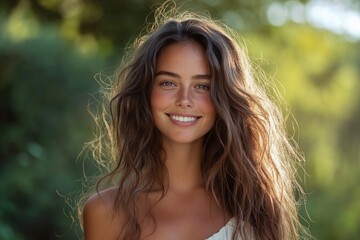 Naklejka premium Beautiful woman smiling outdoors with long hair flowing in the wind