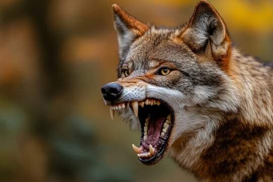 Portrait of a north american grey wolf snarling showing teeth