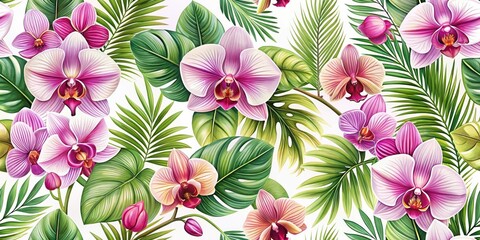 A vibrant floral pattern featuring delicate pink orchids and lush tropical foliage, creating a sense of exotic beauty and serenity.