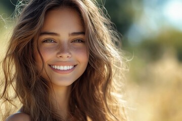 Fototapeta premium Beautiful woman smiling with freckles and long hair