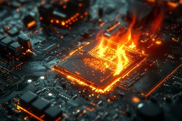 Electronic circuit board burning in flames with smoke