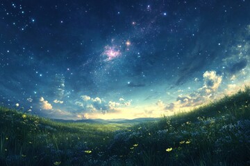 A picturesque field of wildflowers bathed in the soft glow of the setting sun, with a star-studded sky above.