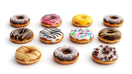 Fototapeta premium Delicious assortment of colorful donuts with various toppings and flavors, including chocolate, sprinkles, and icing, perfect for any sweet tooth