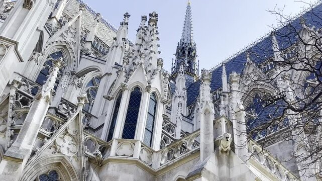 Intricate gothic stonework on the flying buttresses round the back of Votive Church (Votivkirche) in Vienna Austria