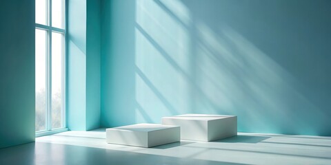 Obraz premium White Platforms Against a Light Blue Wall with Sunlight Streaming Through a Window
