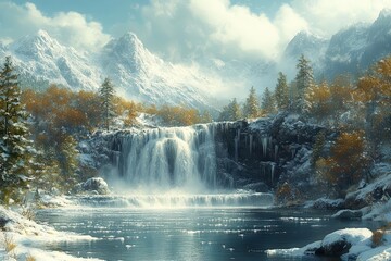 winter waterfall scene frozen in time showcasing stunning icicles and a serene landscape blanketed in snow evoking a sense of calm and natural beauty