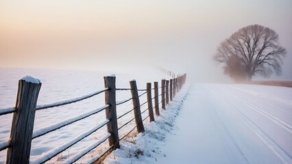 Snowy Rural Road at Sunrise with Fence: A peaceful winter scene of a snow-covered country road lined with a barbed wire fence, stretching into the distance as the sun rises through the mist, casting a