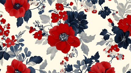 Vintage floral pattern on a classic cream background with red and navy blue accents