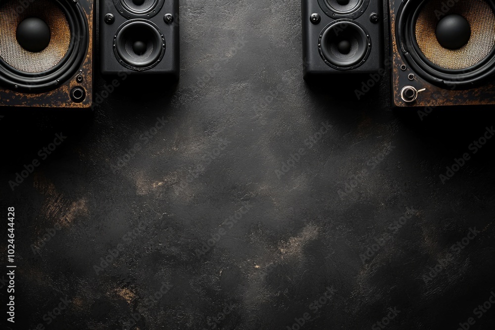 Poster two professional studio monitors lying on dark background. copy space for text