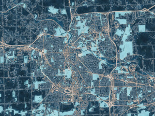 Painterly Style City Map of Ann Arbor Michigan, USA in a Blue Color Scheme.
