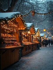 Naklejka premium Snowy Christmas Market Stalls