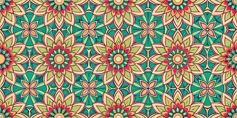 A Vibrant and Intricate Floral Pattern Featuring Multicolored Flowers with Delicate Petals and Detailed Centers on a Lush Green Background
