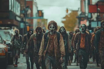 Obraz premium Crowd of bloody zombies walking down city street