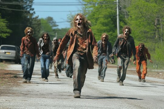 Group of zombies walking down an empty road