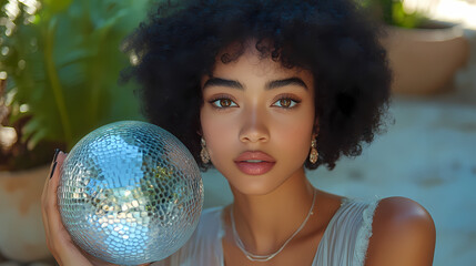 Naklejka premium Woman gripping a disco ball.