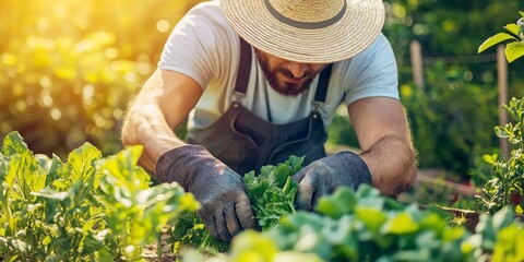 Man in a straw hat tending to plants in a field, promoting sustainable farming practices, wearing gloves and working under the sun, copy space, selective focus
