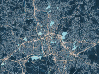 Painterly Style City Map of Asheville North Carolina, USA in a Blue Color Scheme.