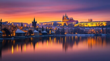 Prague's gothic castle and Charles Bridge at dusk