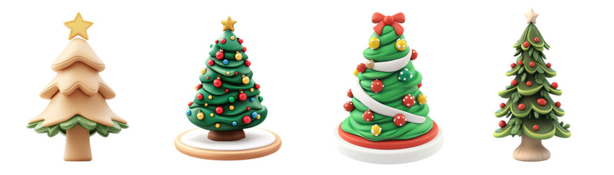 Christmas decorated tree 3d cartoon clay style collection isolated on transparent background, PNG. Clipart template 