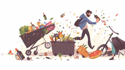 lively scene depicting person running with shopping cart filled with groceries, surrounded by scattered food items and colorful confetti. atmosphere is energetic and playful, capturing excitement of