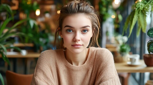 Cute girl, casual, green plant.