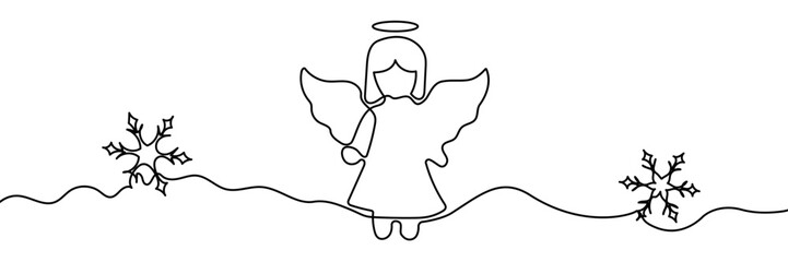 Christmas angel with wings, Continuous one line drawing, emblem or silhouette single line, isolated abstract vector illustration.