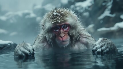 Naklejka premium Japanese macaque in hot spring