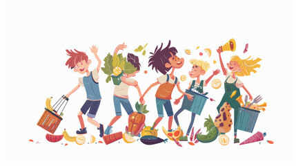 Fun and vibrant illustration of children joyfully harvesting vegetables and fruits, showcasing teamwork and excitement in garden setting