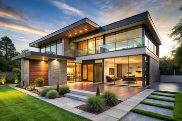 Fototapeta premium Sophisticated modern residential architecture with expansive glass and serene landscape