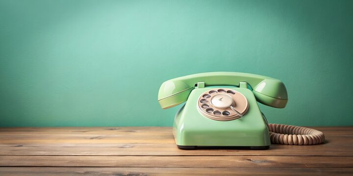 A vintage green rotary dial phone on a rustic wooden table with a mint green background.