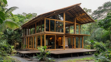 Modern bamboo house featuring expansive windows, harmonizing contemporary design with organic materials, creating a serene living space