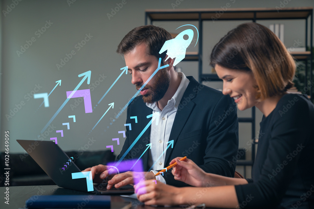 Poster dynamic business collaboration with growth concepts and graphics.