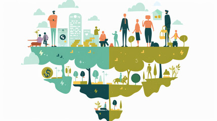 image depicts vibrant illustration of divided landscape representing economic and environmental themes, showcasing people engaged in various activities