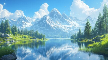 A serene mountain lake with snow-capped peaks reflecting in the clear water, surrounded by lush green forests and a blue sky with fluffy white clouds.