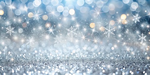 Abstract Winter Background with Sparkling Snowflakes and Glittering Lights