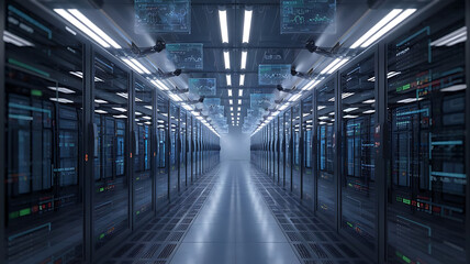 high-tech data warehouse, featuring rows of modern servers with blinking lights in a vast, secure facility, data center, big data