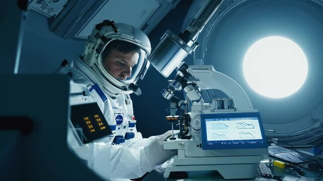 Astronaut in a moon laboratory examines a lunar sample under a microscope, emphasizing space research in a high-tech environment under bright, sterile lighting