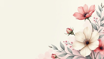 Ivory and Silver Watercolor Floral Design on Solid color background