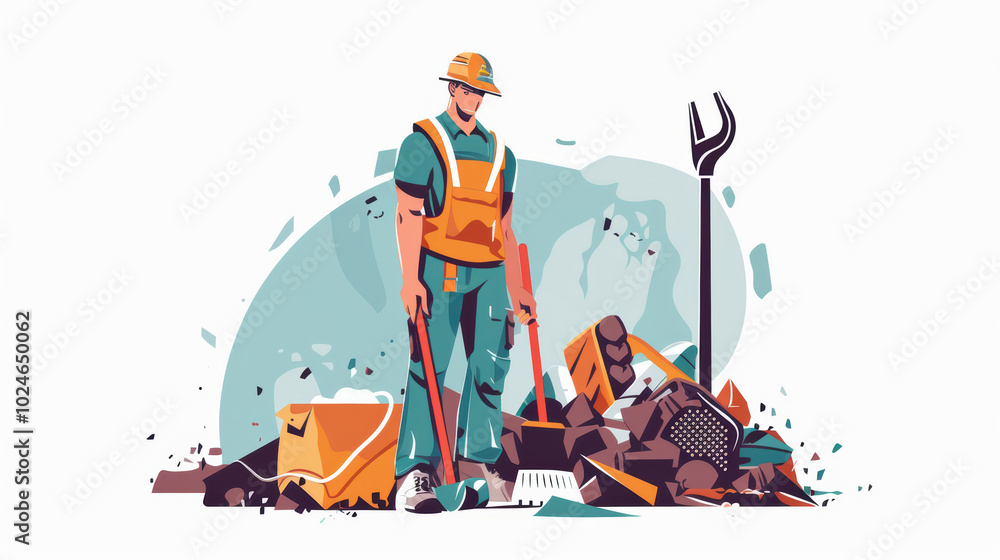 Poster worker stands amidst pile of debris, equipped with tools for cleanup. scene conveys sense of diligence and responsibility in maintaining clean environment