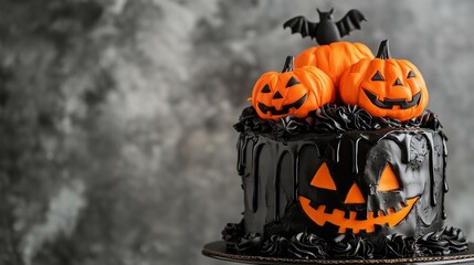 Obraz premium Spooky Halloween black cream cake with pumpkin copy space for text