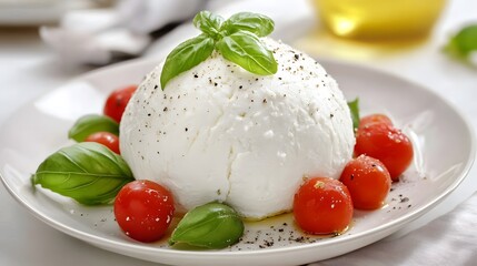 A fresh mozzarella cheese ball on a plate with basil leaves and cherry tomatoes
