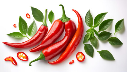 Red chili peppers and green leaves, either whole or halved, isolated on a white background
