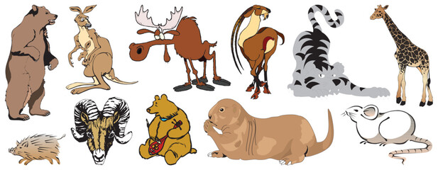 A Wild Animal Ensemble Mighty Bear to Tiny Mouse Witness Diversity of Natures Creatures Including Agile Kangaroo Majestic Moose Graceful Gazelle Striped Tiger Towering Giraffe Curving Ram Musical Bear