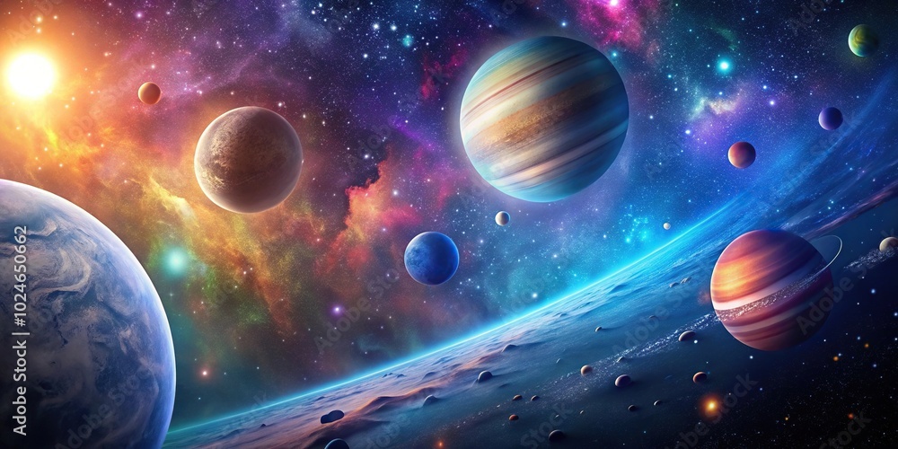 Sticker space scene with planets and stars viewed from a low angle