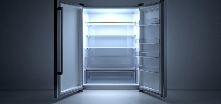 Open refrigerator with sparse contents, minimal food storage, clean shelves and clear organization, highlighting emptiness and space