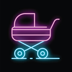 Neon baby carriage sign glowing in pink and blue on a black background