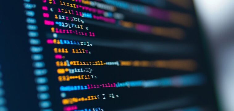 Close-up of colorful programming code on a computer screen, vibrant lines of text in multiple languages, representing software development and coding