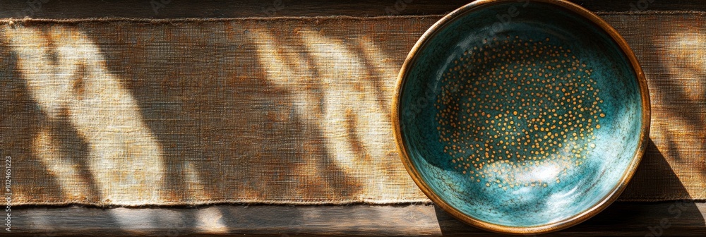 Poster elegant ceramic bowl with intricate patterns displayed on a table, bathed in soft natural light, sho
