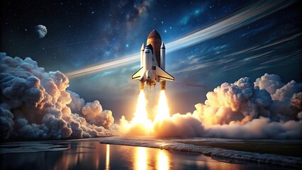 Obraz premium Spaceship launch at night with smoke cloud