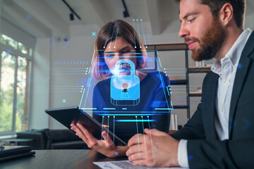 Business professionals discussing digital security concepts.